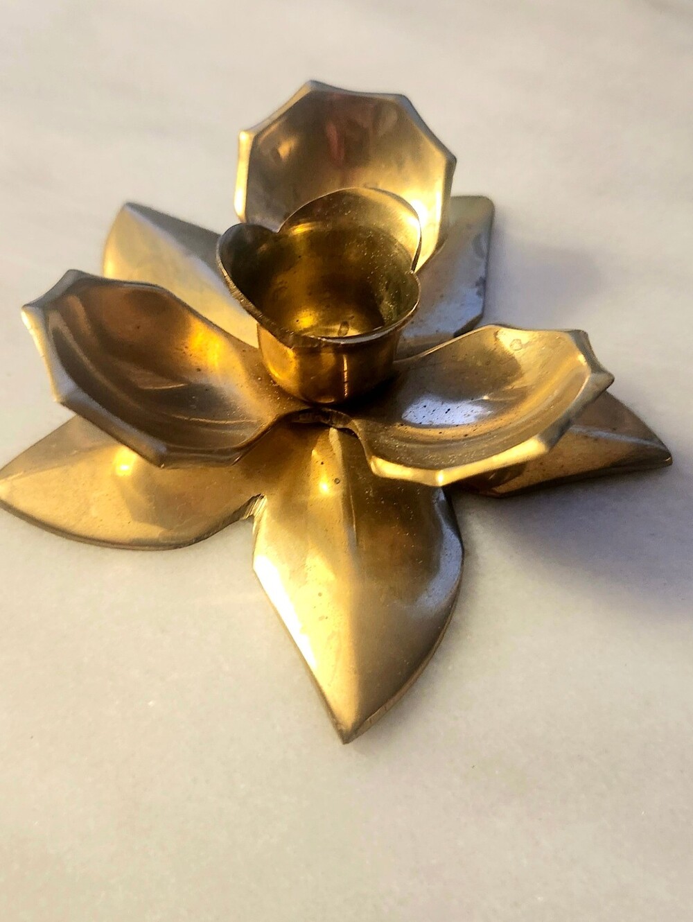 Solid Brass Lotus Flower Taper Candle Holder India Vintage MCM Patina Fall Decor
